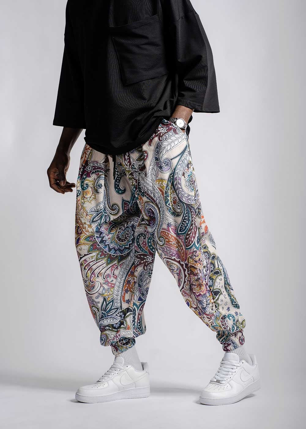Παντελόνι Jogger Με Πιέτες Και Λάστιχο Σε Ύφανση Boho – Πολύχρωμο Σχέδιο – 3
