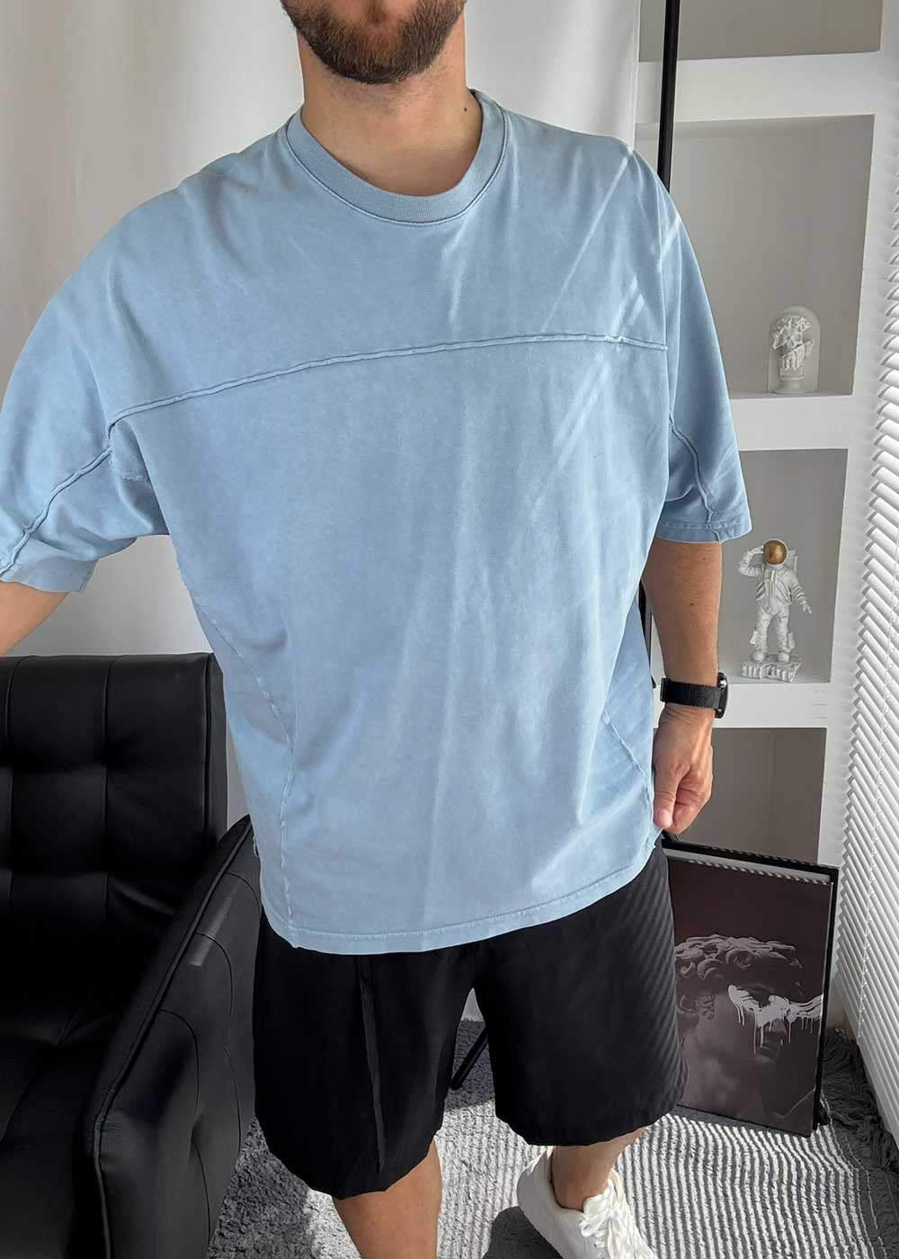 Oversized T-Shirt με Κέντημα Like Stars και Εξωτερικές Ραφές – Γαλάζιο – 4