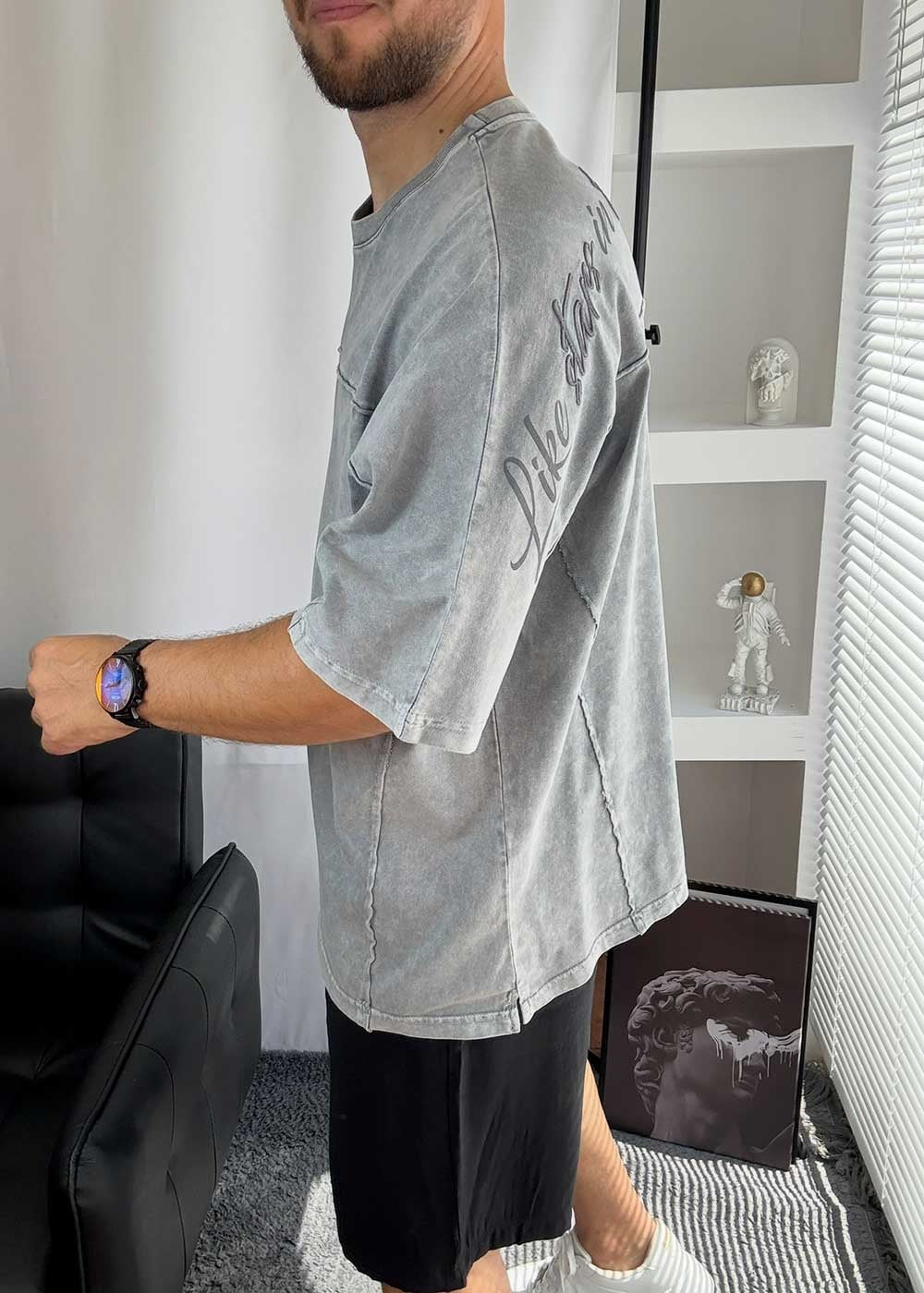 Oversized T-Shirt με Κέντημα Like Stars και Εξωτερικές Ραφές -Γκρι – 4