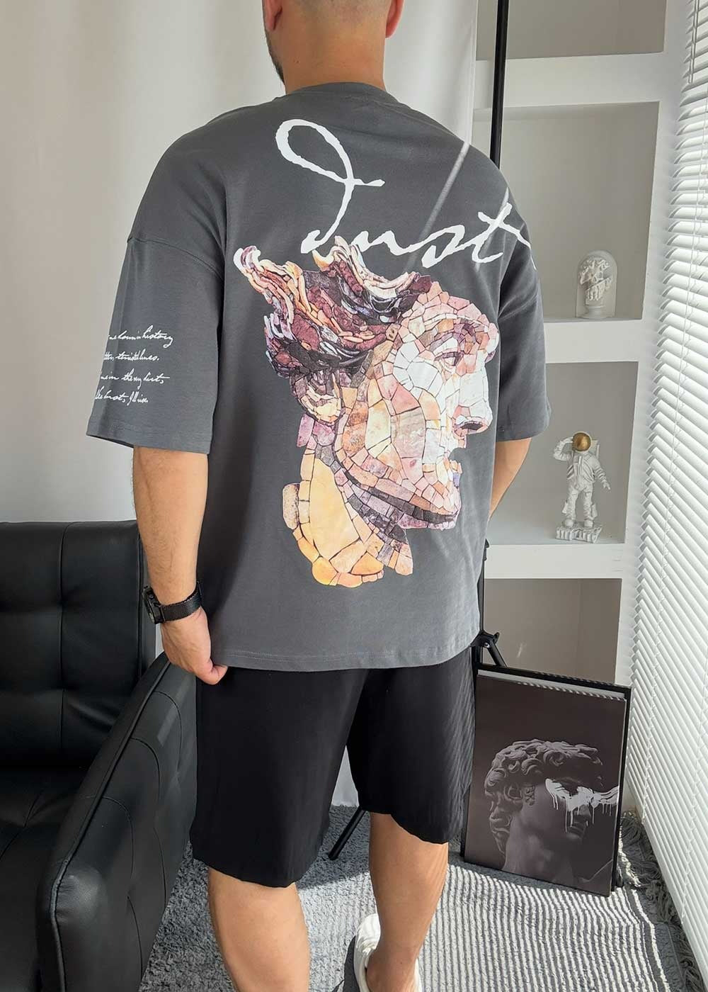 Mosaic Art Oversized T-Shirt με Τύπωμα – Ανθρακί – 4