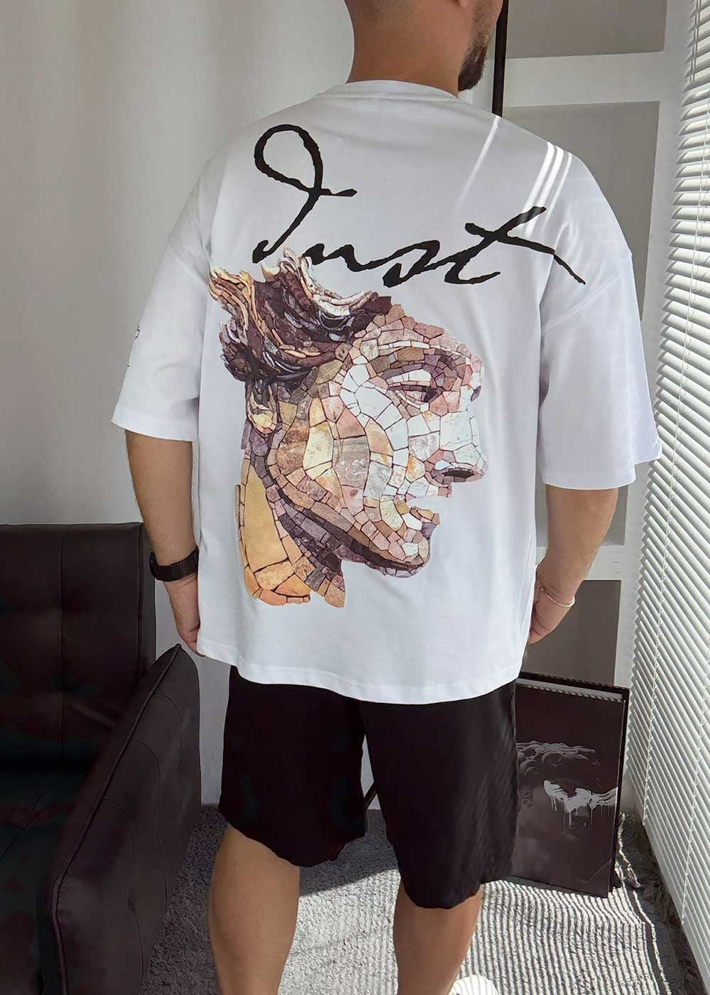 Mosaic Art Oversized T-Shirt με Τύπωμα – Λευκό – 4