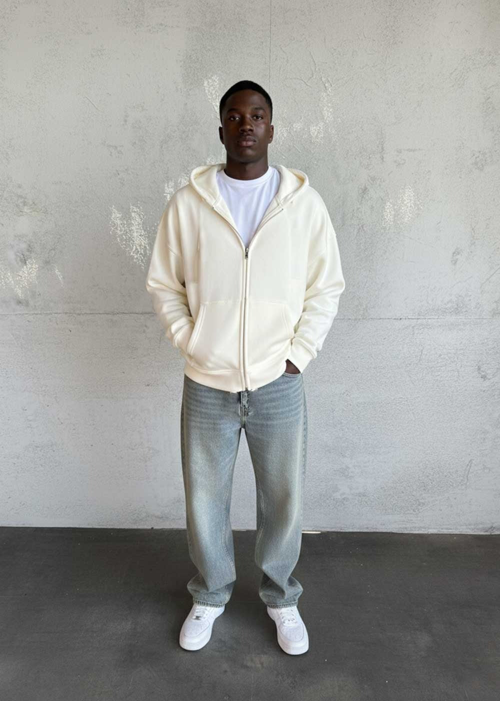 Oversized Ζακέτα Φούτερ με Διπλό Άνοιγμα Φερμουάρ Εσωτερική Επένδυση – Λευκό