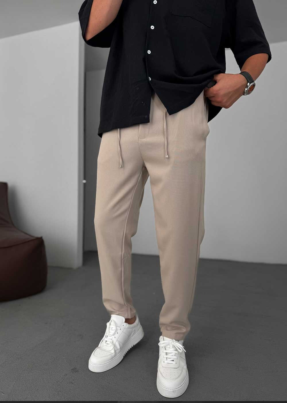 Relaxed Fit Υφασμάτινο Παντελόνι με Λάστιχο – Μπεζ