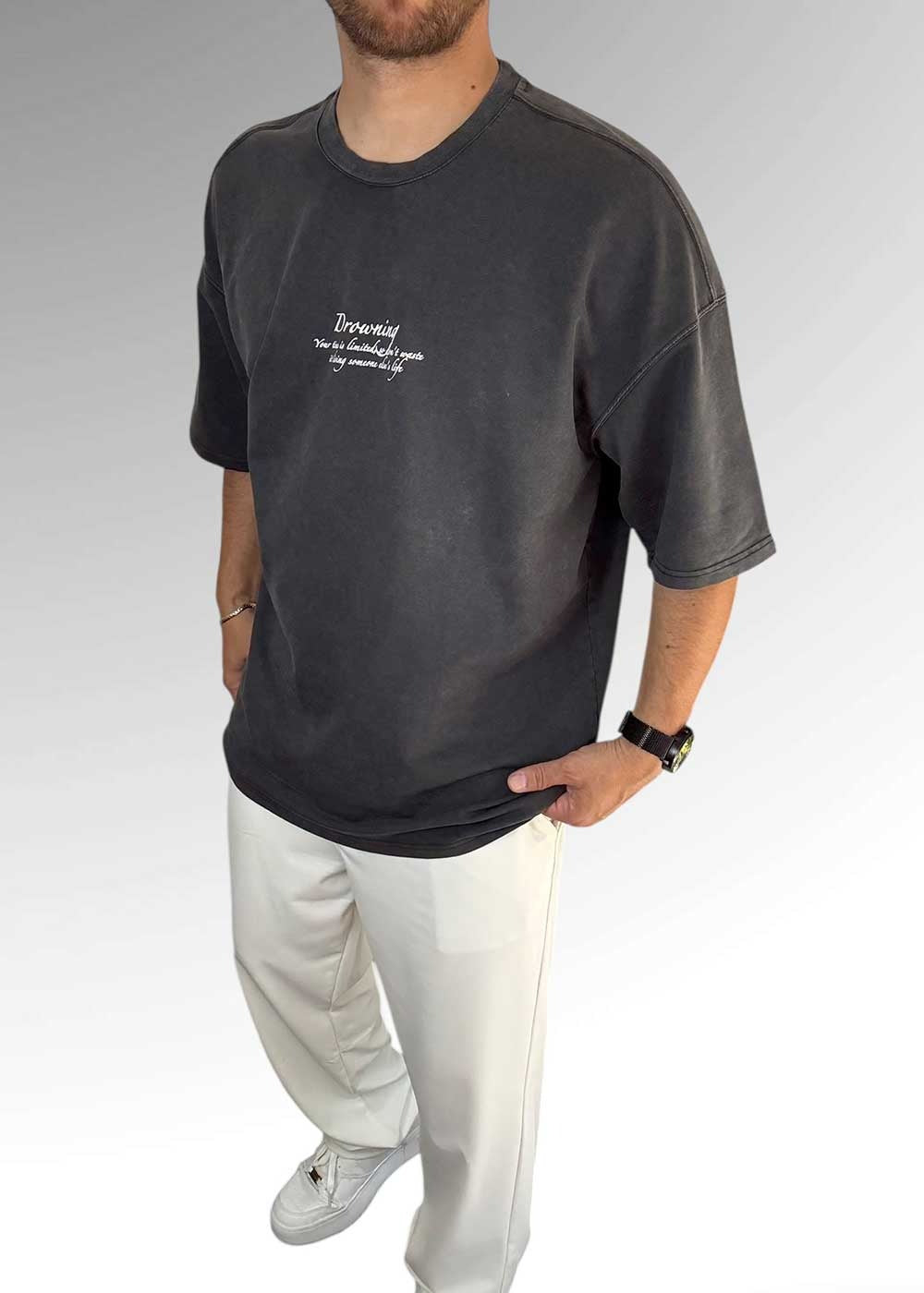 Drowning Oversized T-Shirt με Τύπωμα – Ανθρακί Ξεβαμμένο – 4