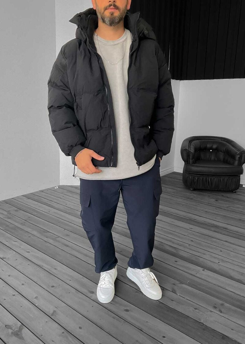 Μαύρο Puffer Jacket με Κουκούλα