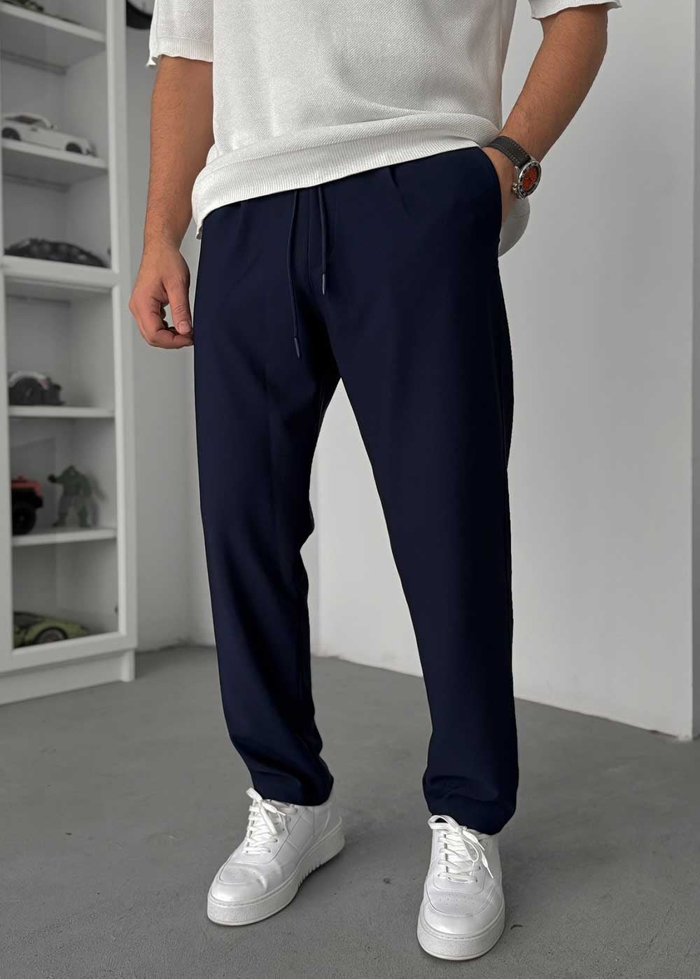 Textured Straight Fit Παντελόνι – Μπλε – 4