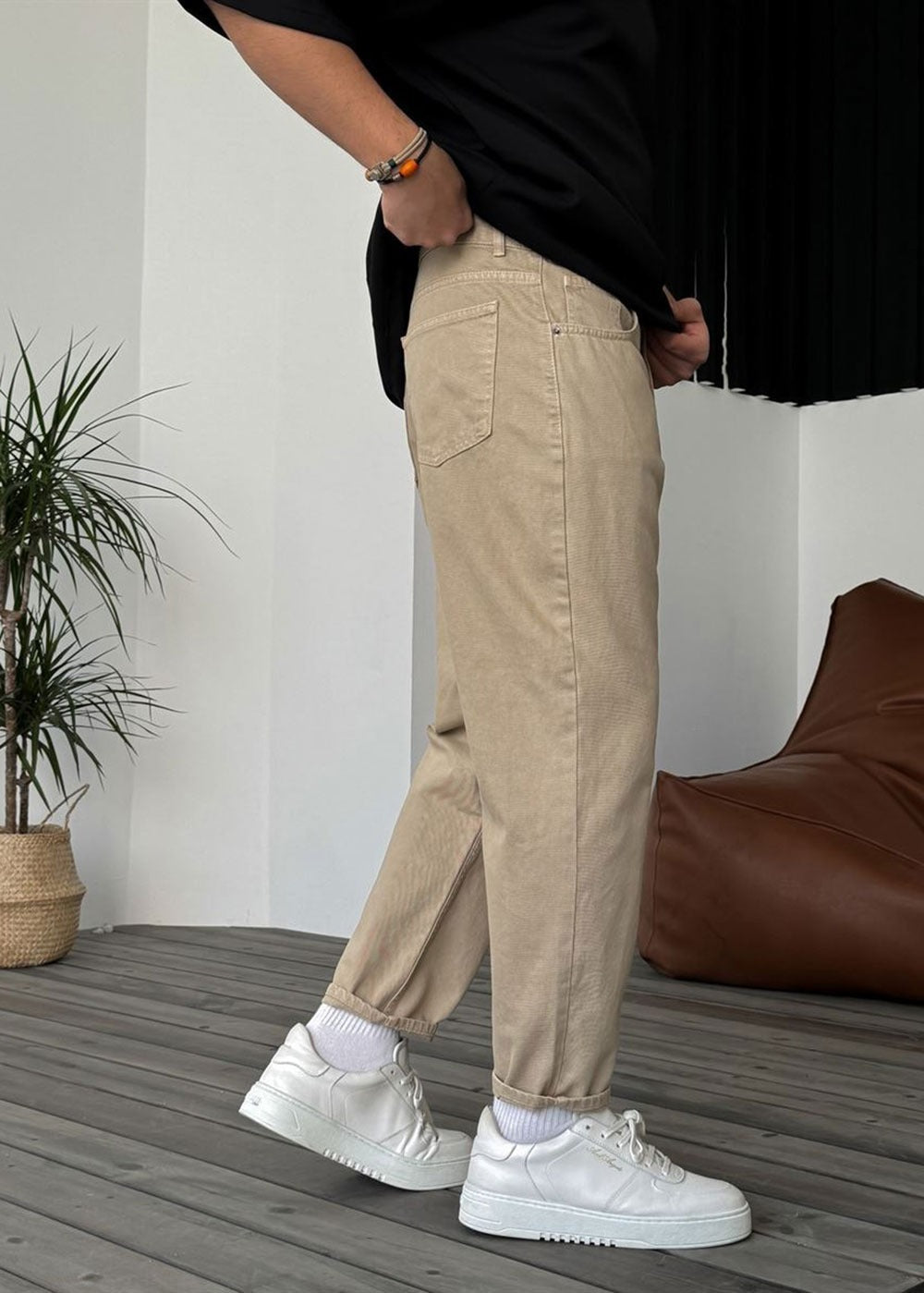 Basic Παντελόνι Τζιν Loose Fit -Μπεζ – 4