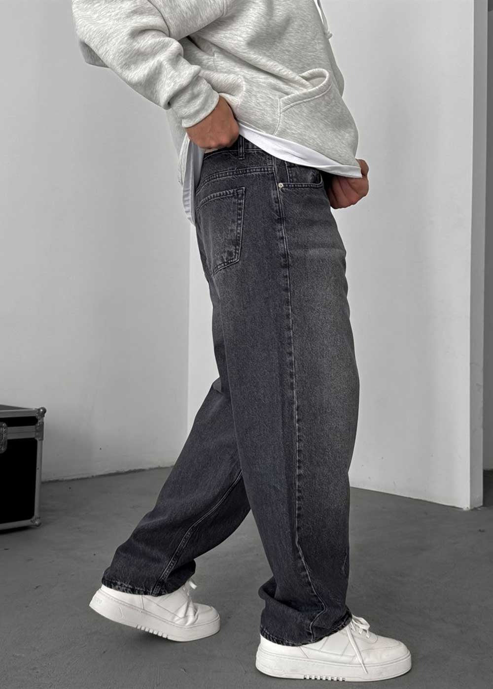 Washed Baggy Jean με Τονισμένες Ραφές – Ανθρακί – 3