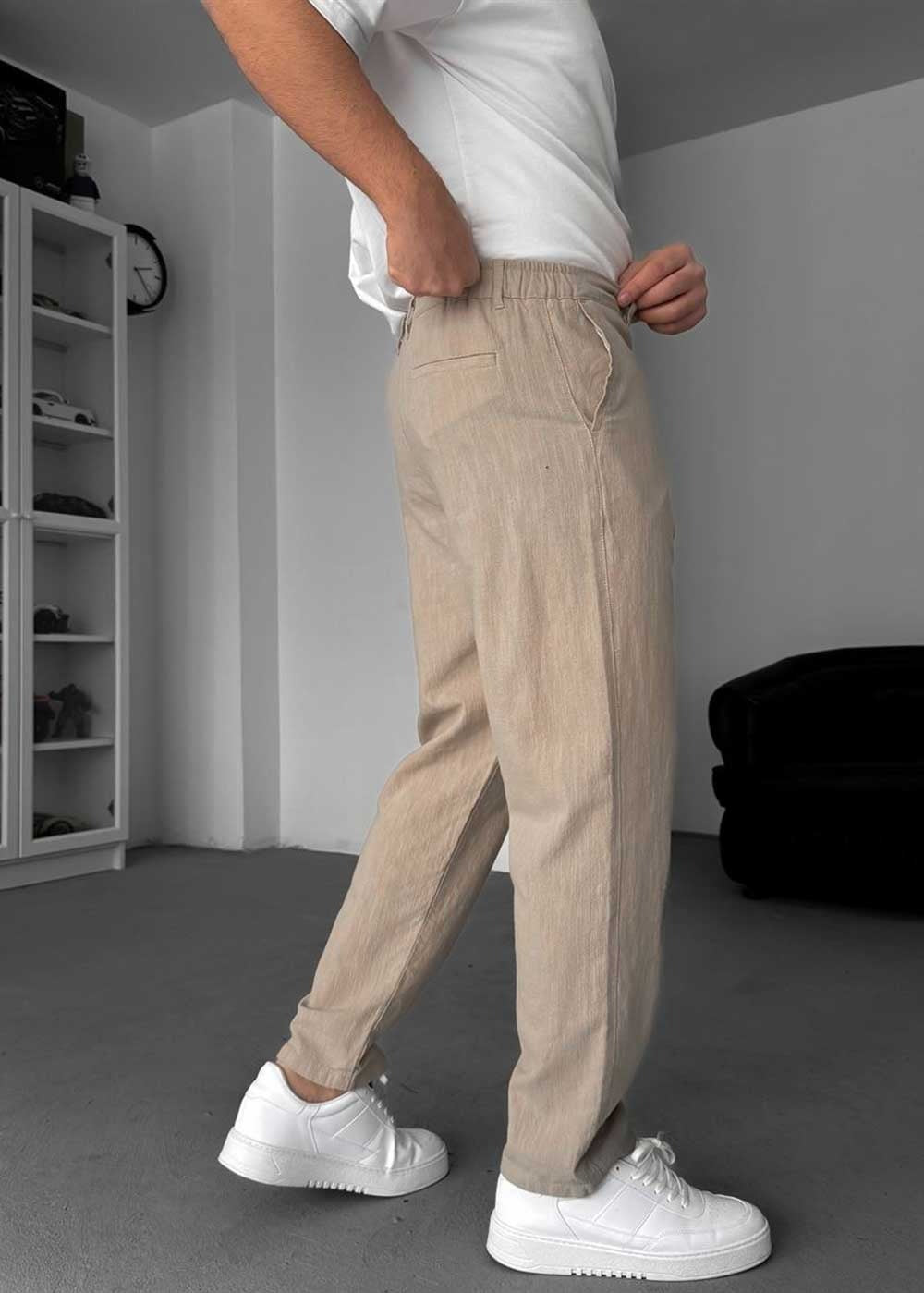 Linen-Texture Regular Fit Παντελόνι – Μπεζ – 4