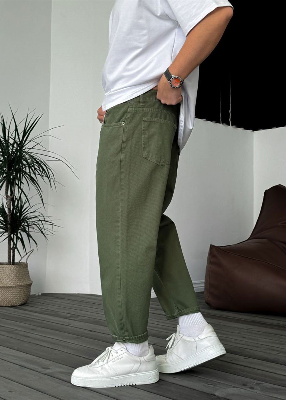 Basic Παντελόνι Τζιν Loose Fit -Χακί – 4