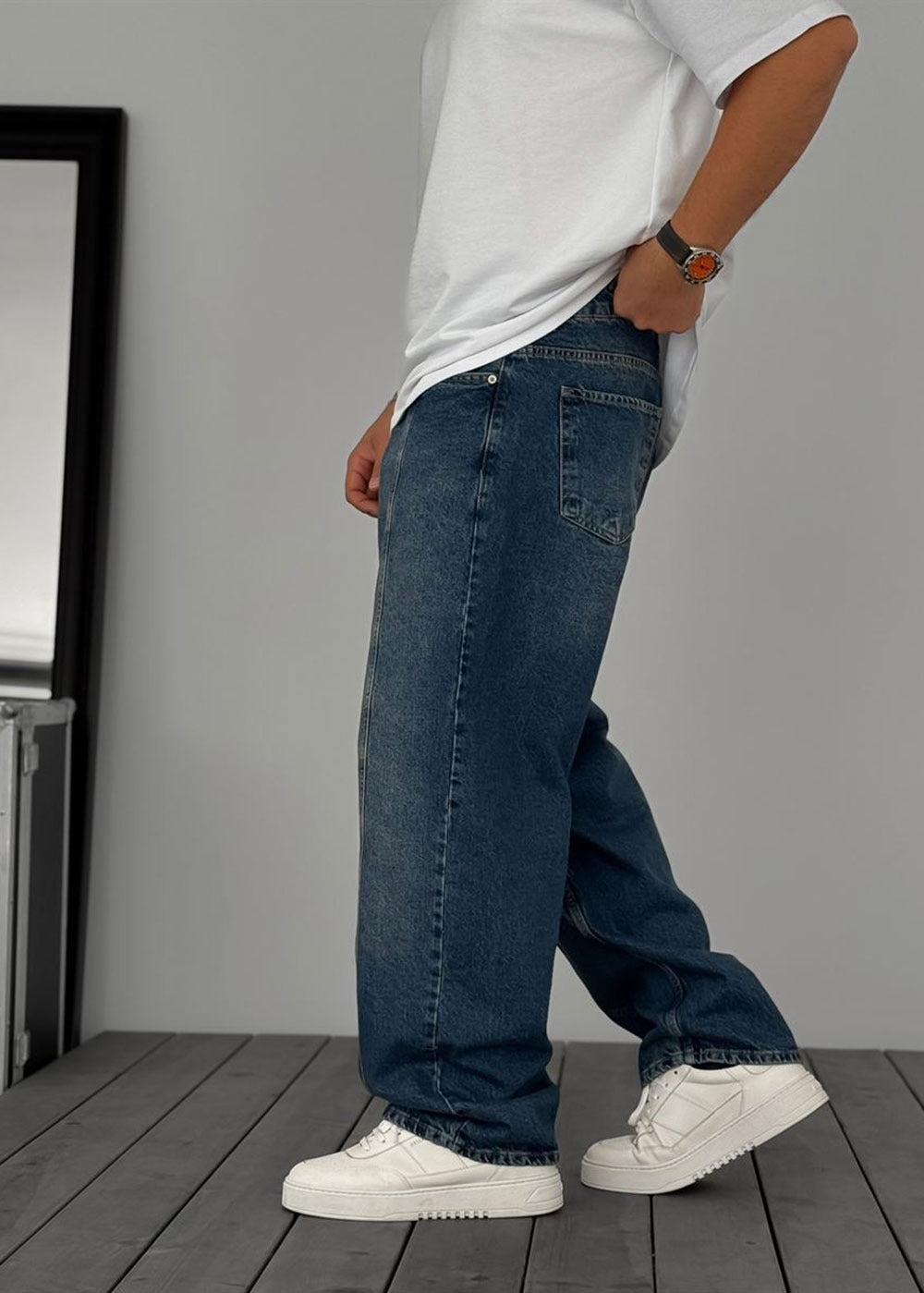 Washed Baggy Jean με Τονισμένη Μπροστινή Ραφή – Μπλε – 4