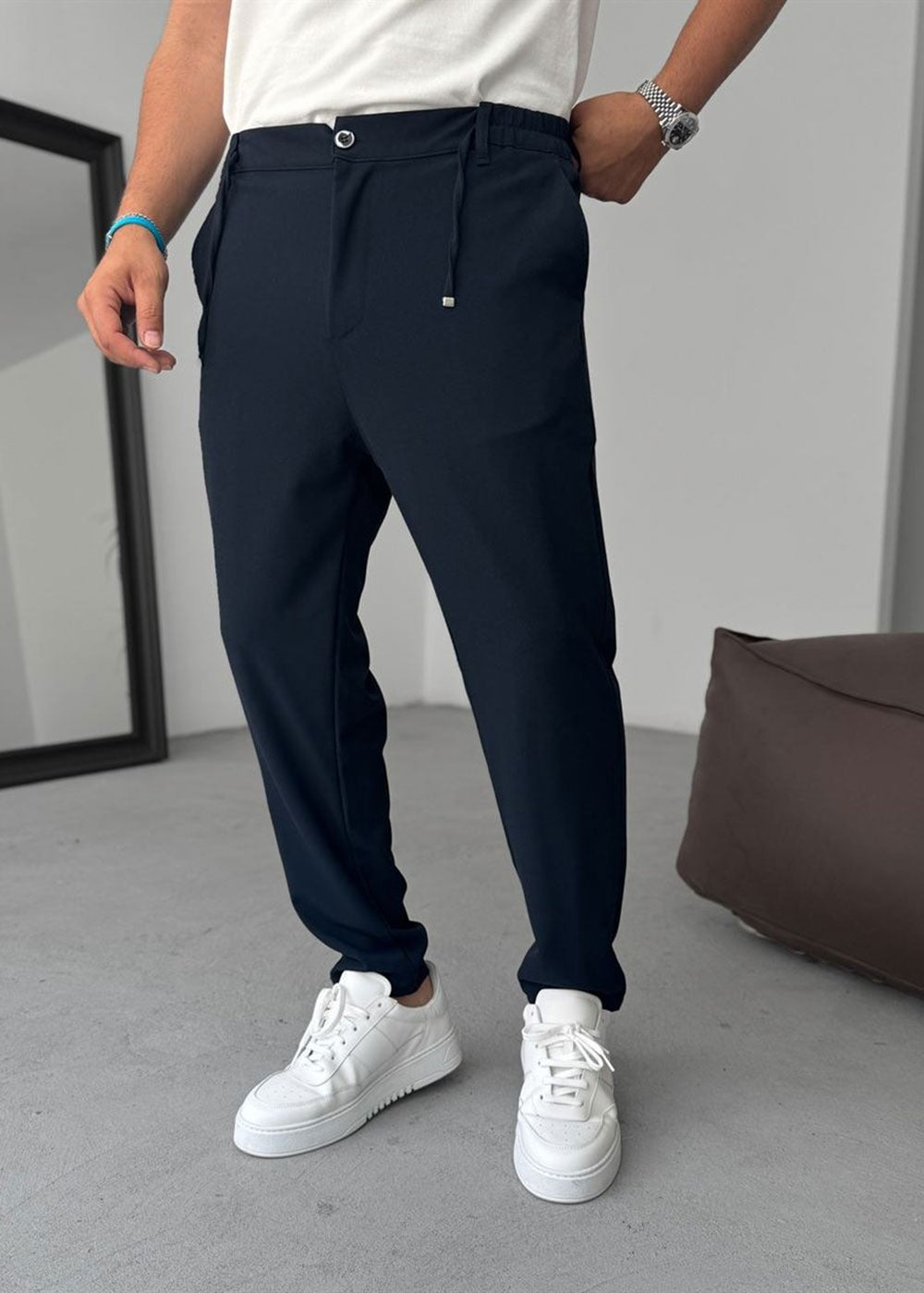 Relaxed Fit Υφασμάτινο Παντελόνι με Λάστιχο – Σκούρο Μπλε