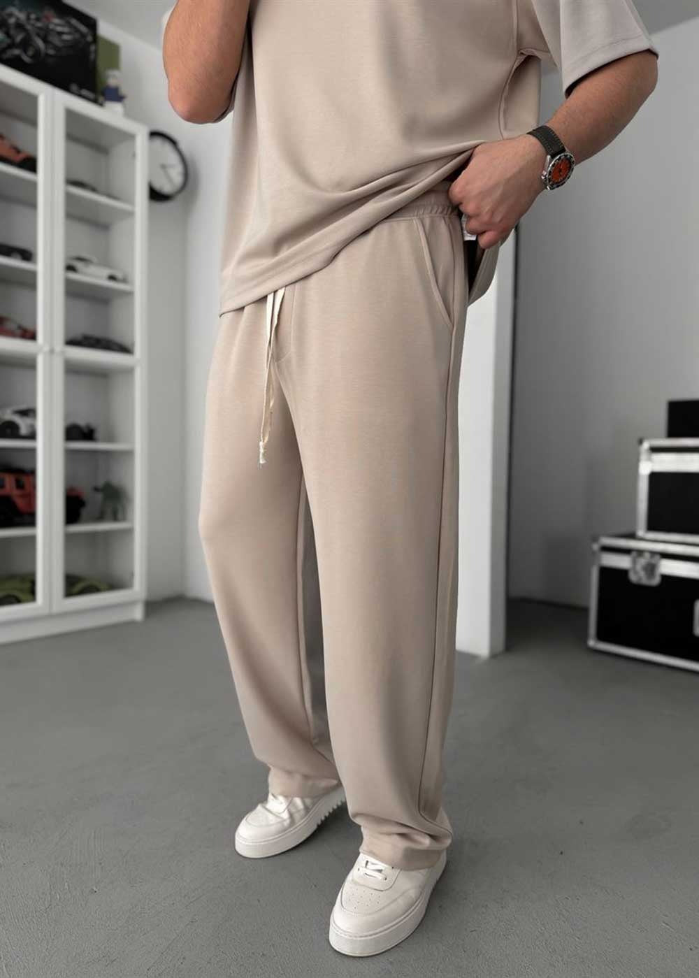 Embossed Modal Oversized T-Shirt & Relaxed Jogger Σετ – Μπεζ – 4