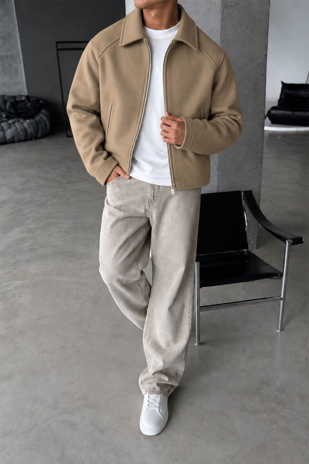 Ανδρικό Bomber Jacket με Μάλλινη Υφή – Μπεζ