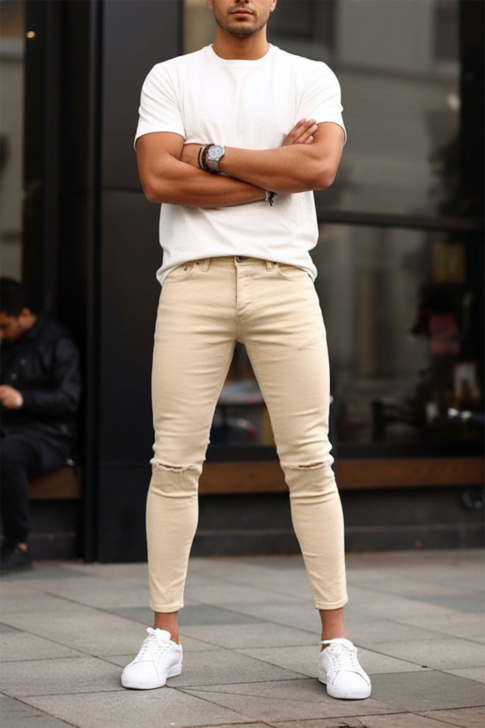 Ripped Skinny Jeans In Biege