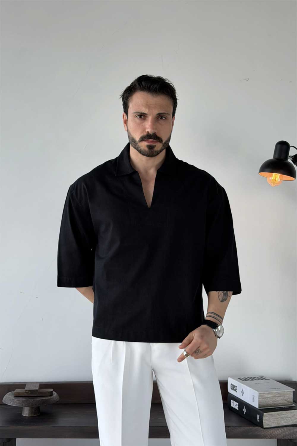 Dante Λινό 3/4 V-Neck T-Shirt - Μαύρο