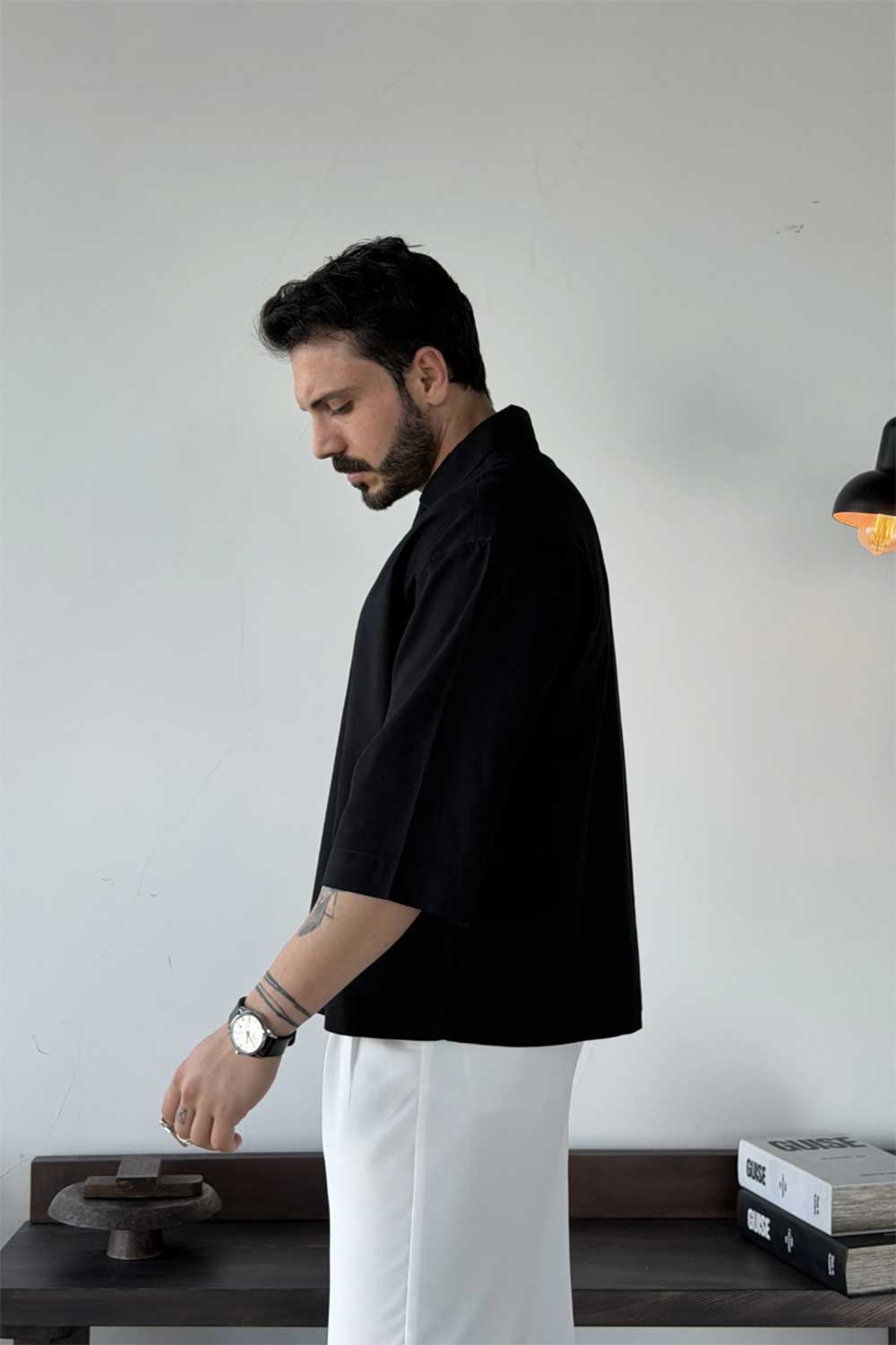 Dante Λινό 3/4 V-Neck T-Shirt - Μαύρο