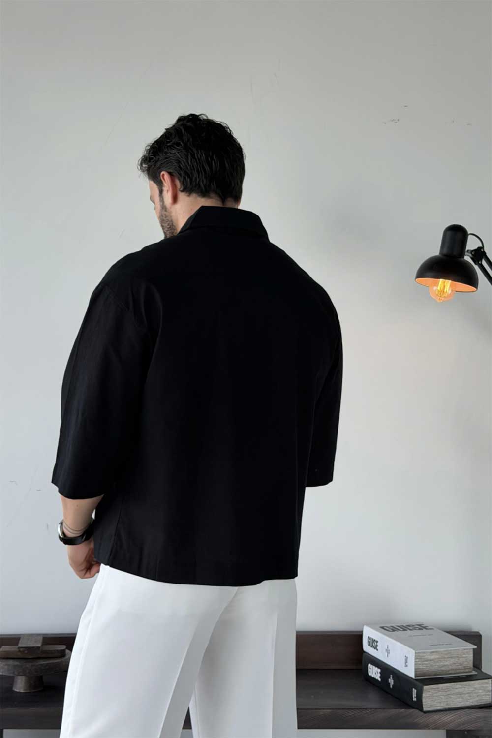 Dante Λινό 3/4 V-Neck T-Shirt - Μαύρο