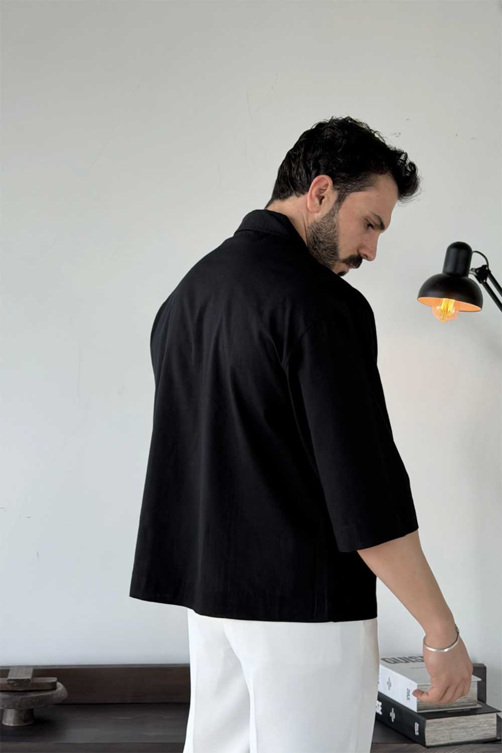 Dante Λινό 3/4 V-Neck T-Shirt - Μαύρο