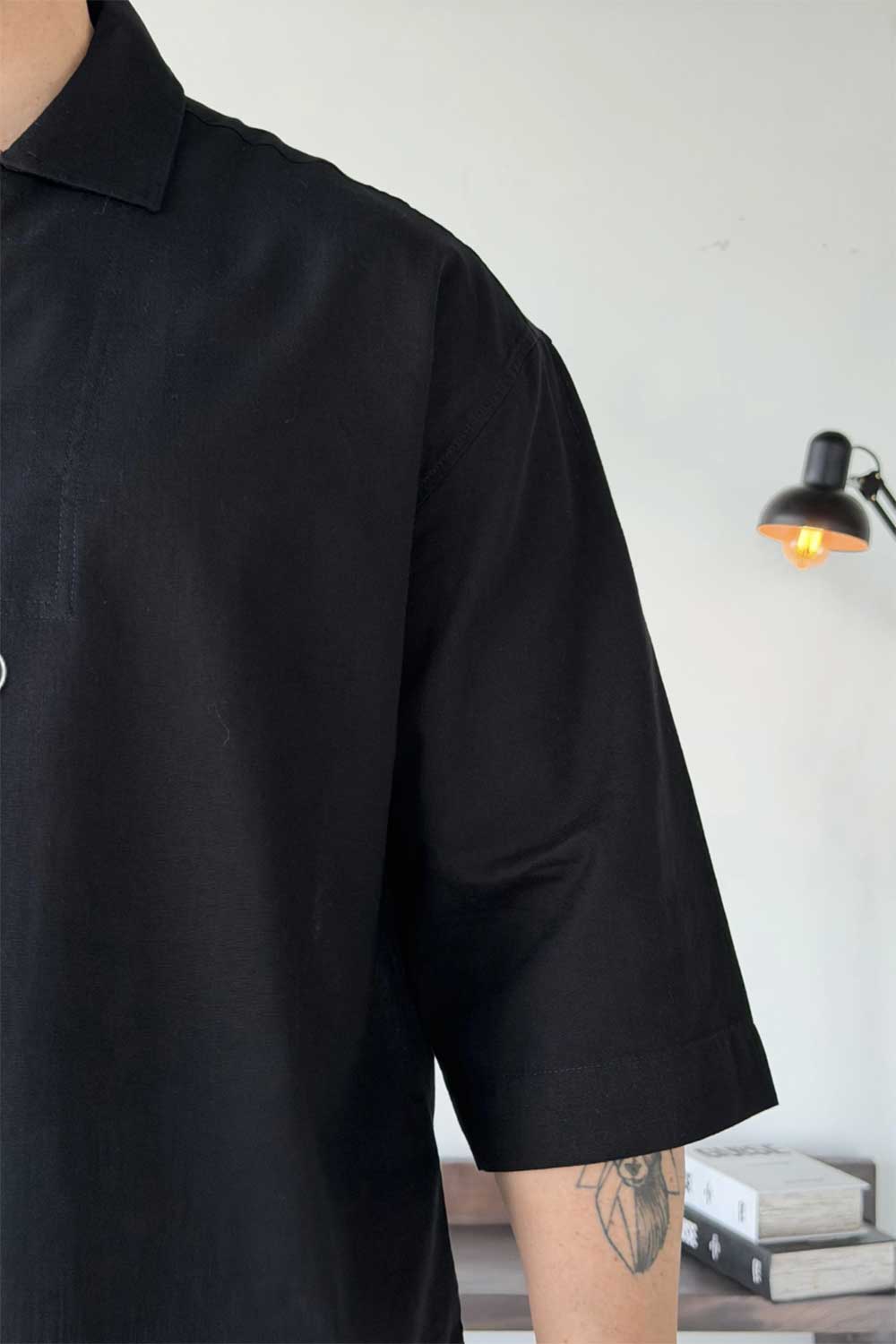 Dante Λινό 3/4 V-Neck T-Shirt - Μαύρο