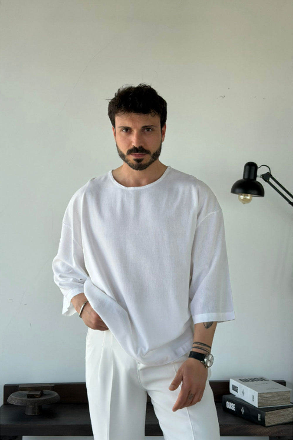 Linen Oversized Long Sleeve T-shirt White