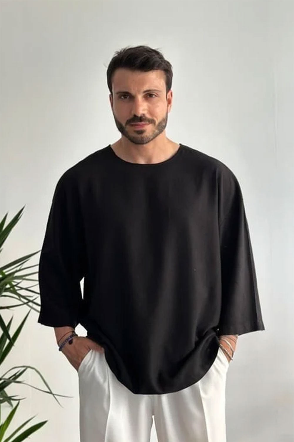 Linen Oversized Long Sleeve T-shirt Black