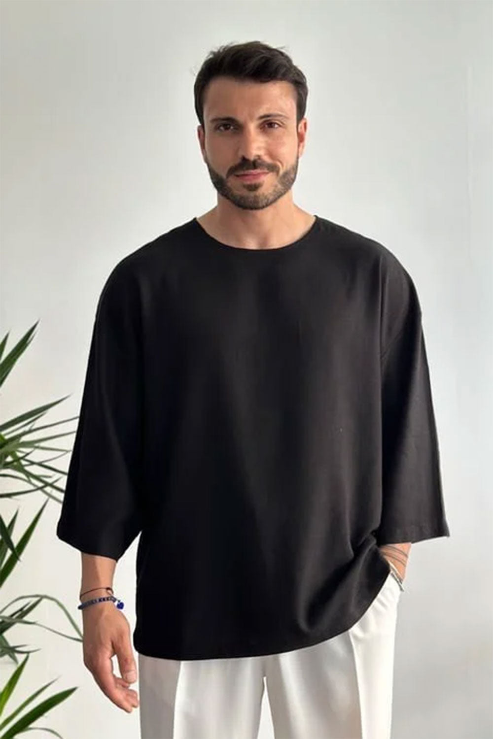 Linen Oversized Long Sleeve T-shirt Black