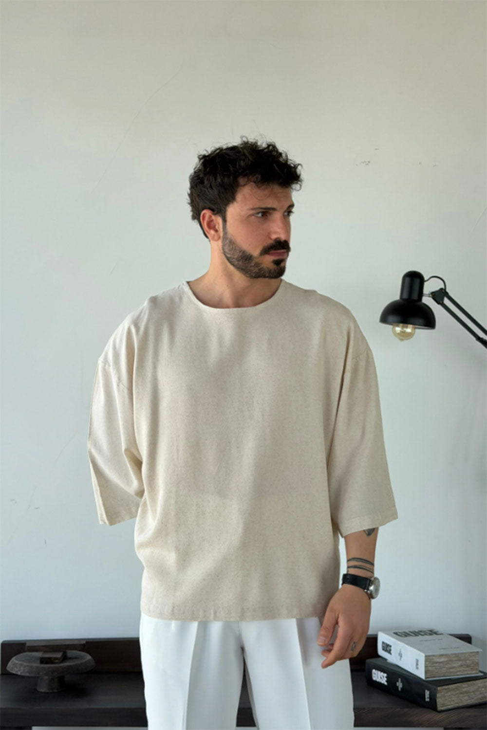 Linen Oversized Long Sleeve T-shirt Beige