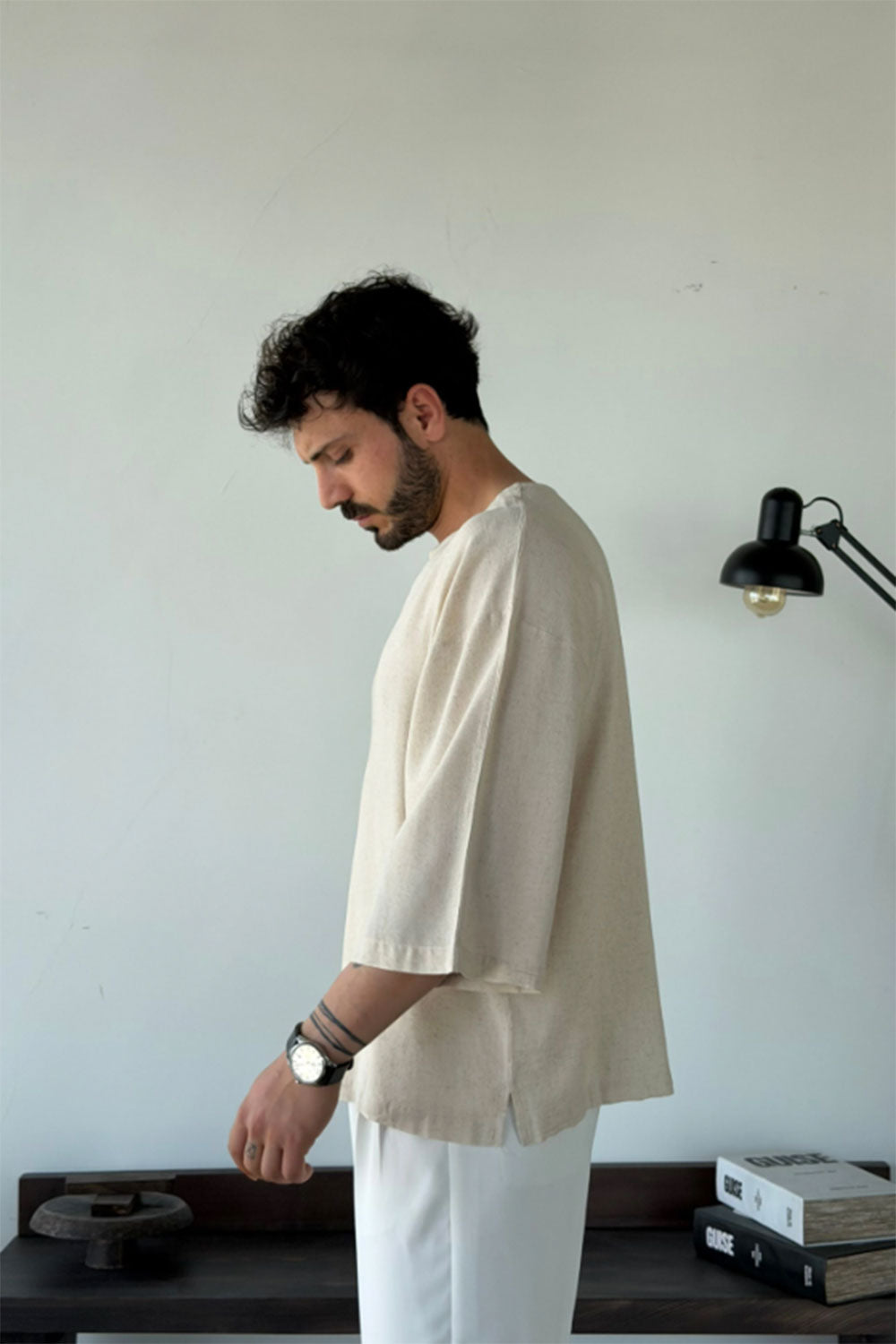 Linen Oversized Long Sleeve T-shirt Beige