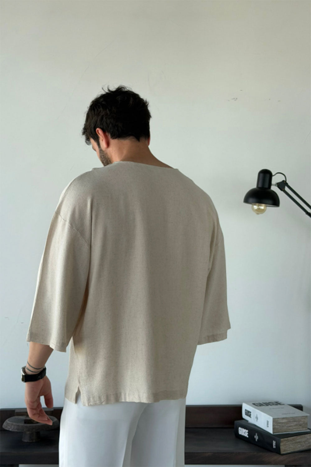 Linen Oversized Long Sleeve T-shirt Beige