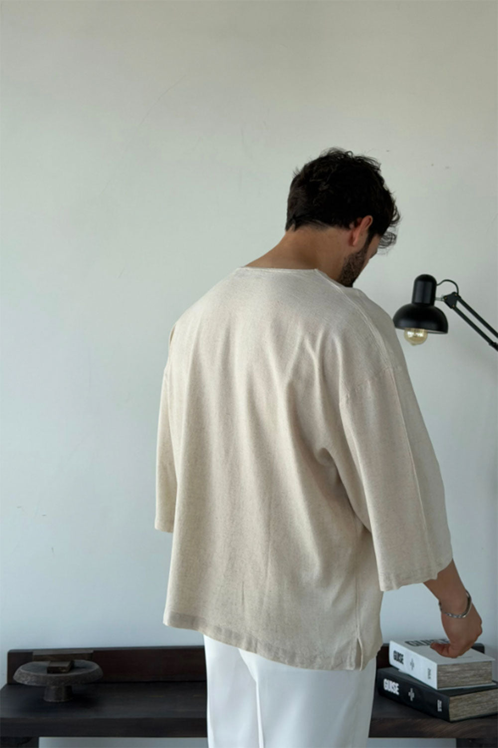 Linen Oversized Long Sleeve T-shirt Beige