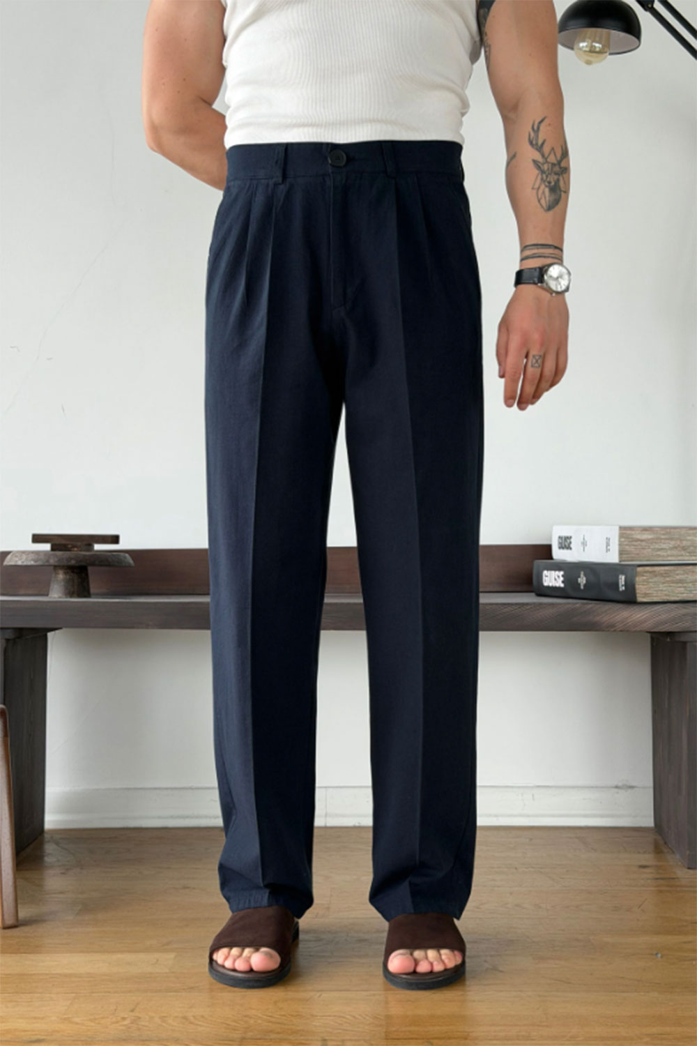 Παντελόνι Cotton-Linen Urban Pleated Studio – Μπλε