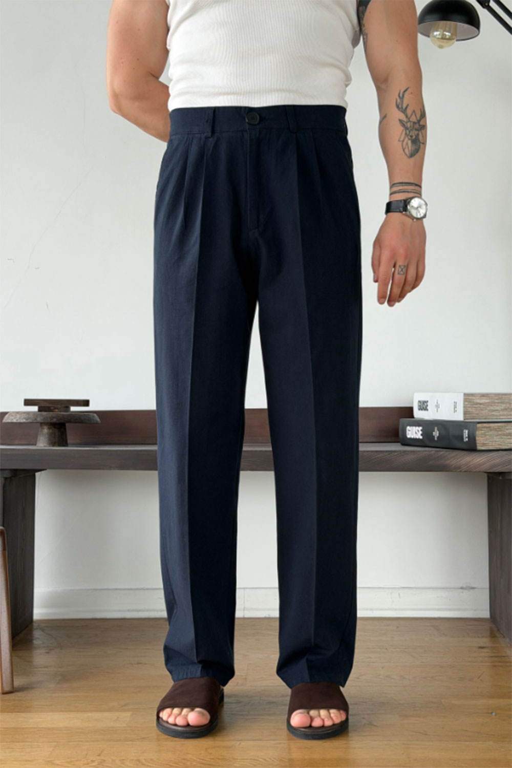 Παντελόνι Cotton-Linen Urban Pleated Studio – Μπλε
