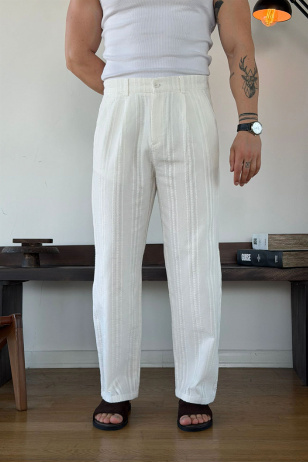 Παντελόνι Linen-Blend Textured Stripe Studio – Λευκό