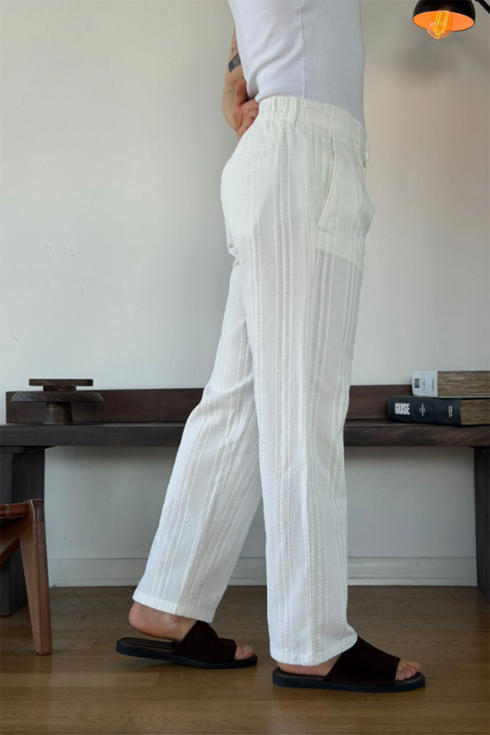 Παντελόνι Linen-Blend Textured Stripe Studio – Λευκό