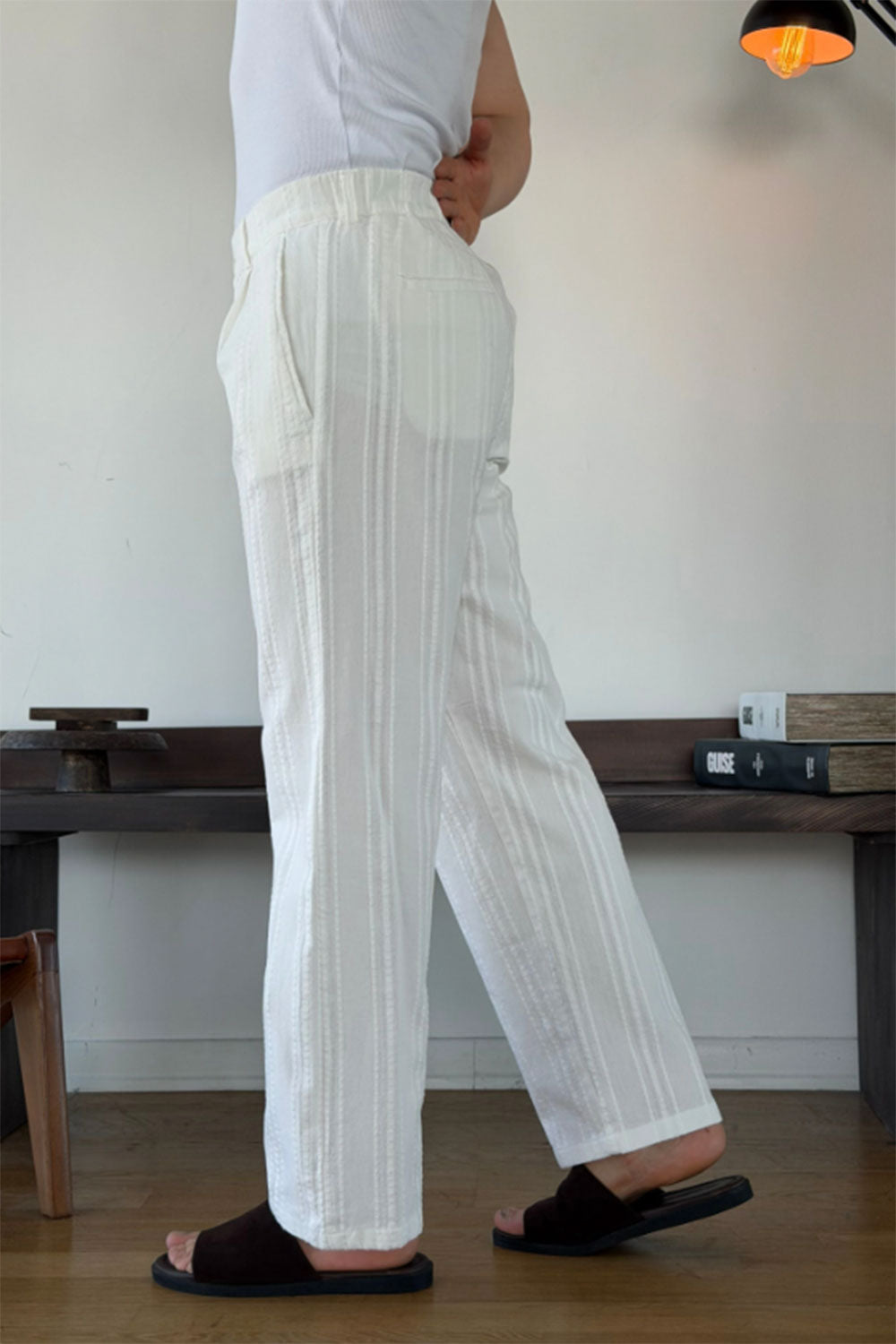 Παντελόνι Linen-Blend Textured Stripe Studio – Λευκό