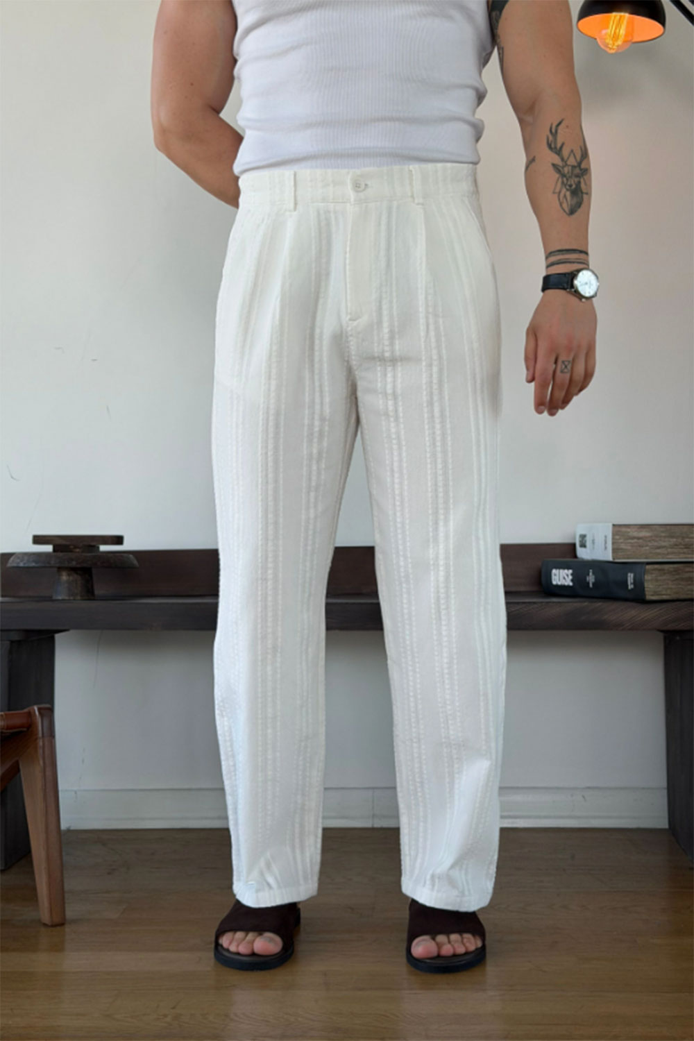 Παντελόνι Linen-Blend Textured Stripe Studio – Λευκό