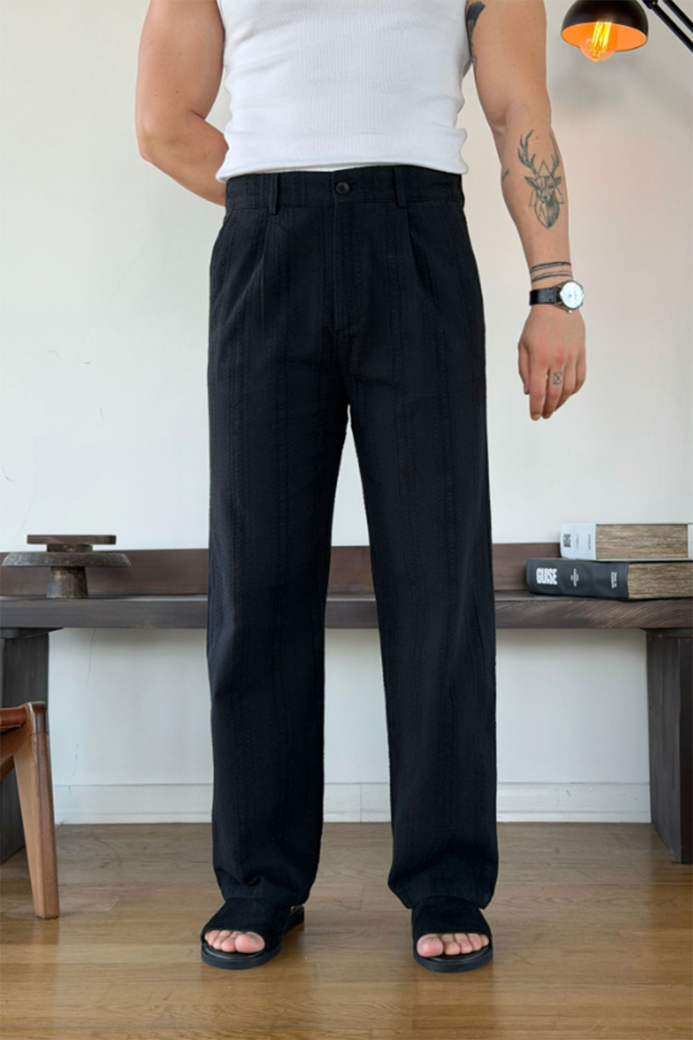 Παντελόνι Linen-Blend Textured Stripe Studio – Μαύρο