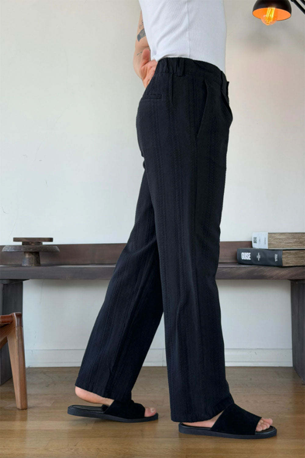 Παντελόνι Linen-Blend Textured Stripe Studio – Μαύρο