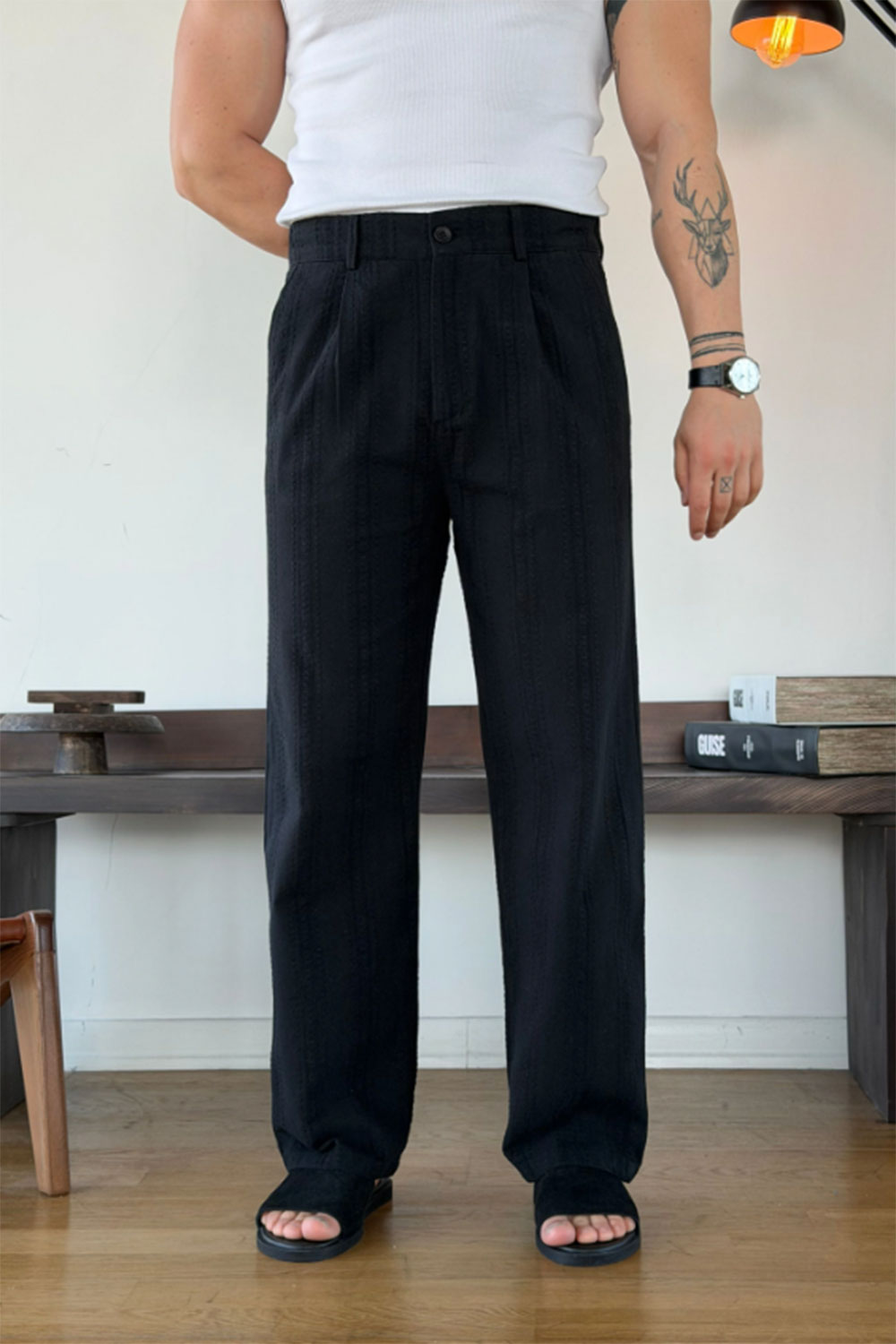 Παντελόνι Linen-Blend Textured Stripe Studio – Μαύρο