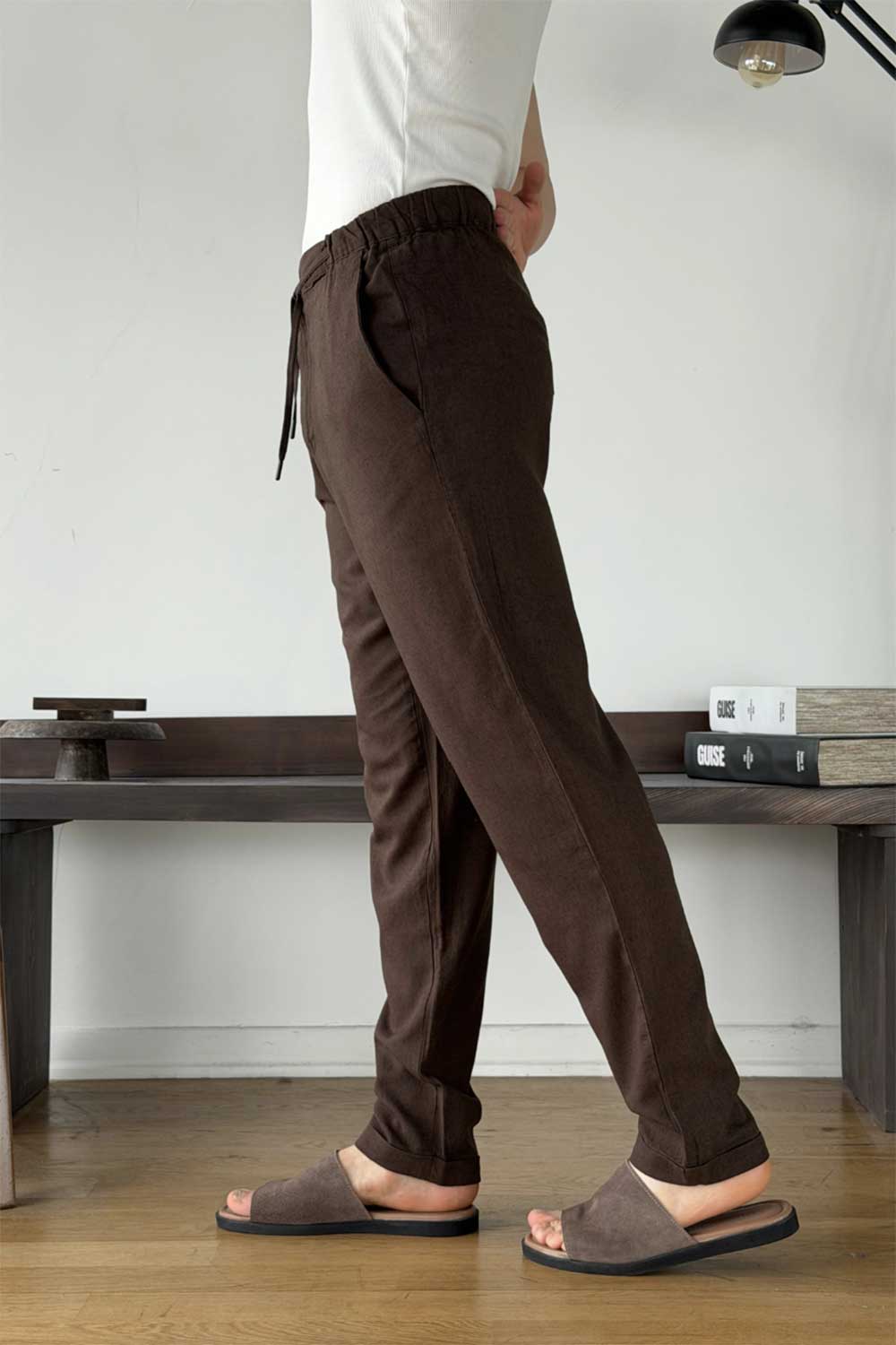 Παντελόνι Viscose-Linen Drawstring Relaxed Studio – Καφέ