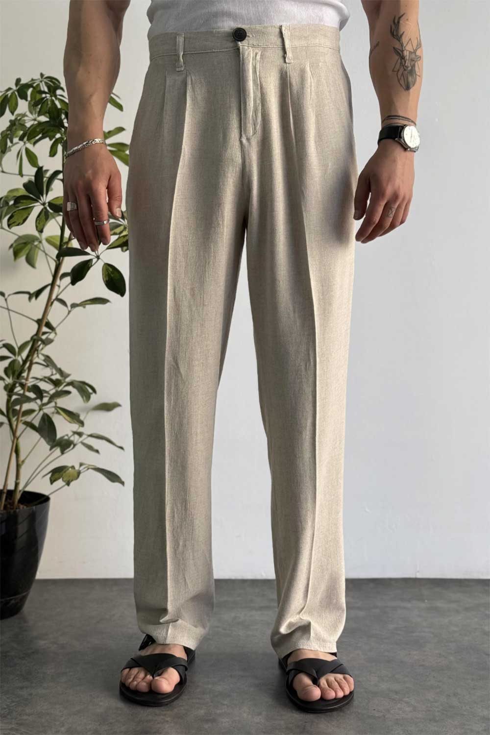 Παντελόνι Madrid Viscose-Linen Pleated Studio – Μπεζ