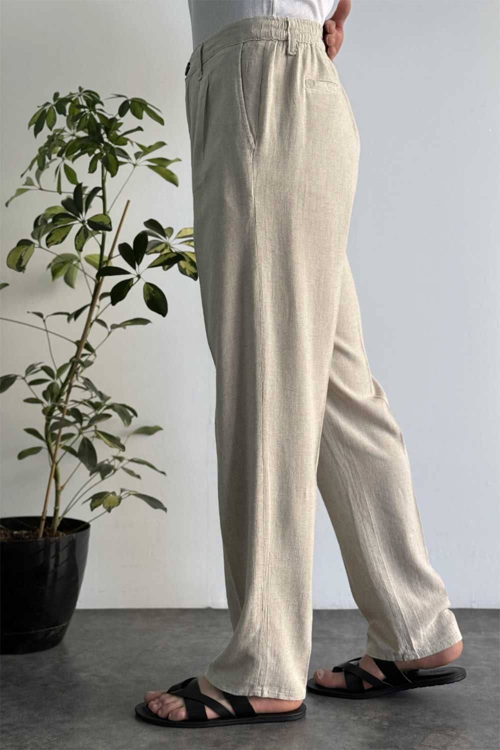 Παντελόνι Madrid Viscose-Linen Pleated Studio – Μπεζ