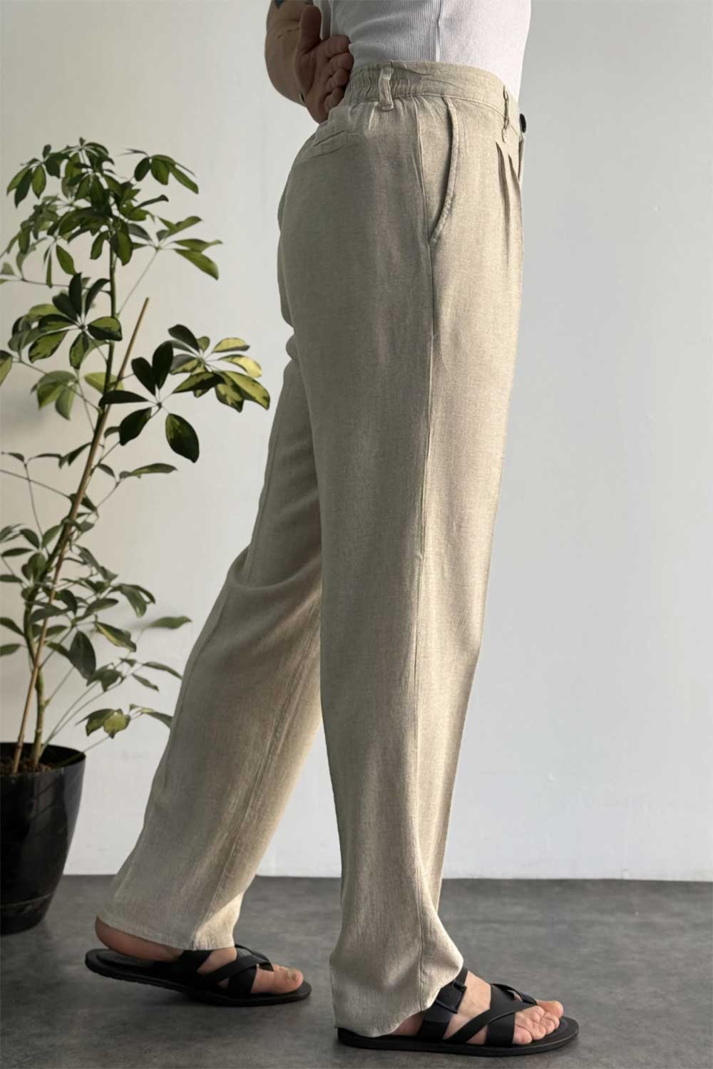 Παντελόνι Madrid Viscose-Linen Pleated Studio – Μπεζ