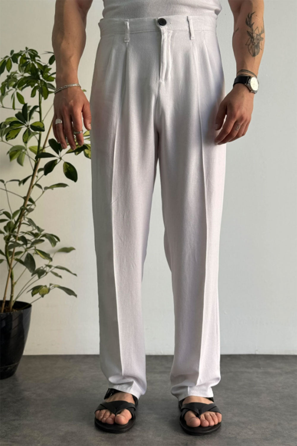 Παντελόνι Madrid Viscose-Linen Pleated Studio – Λευκό