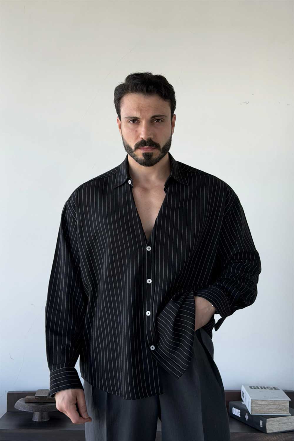 Πουκάμισο Lorien Viscose-Linen Oversize Stripe Studio – Μαύρο