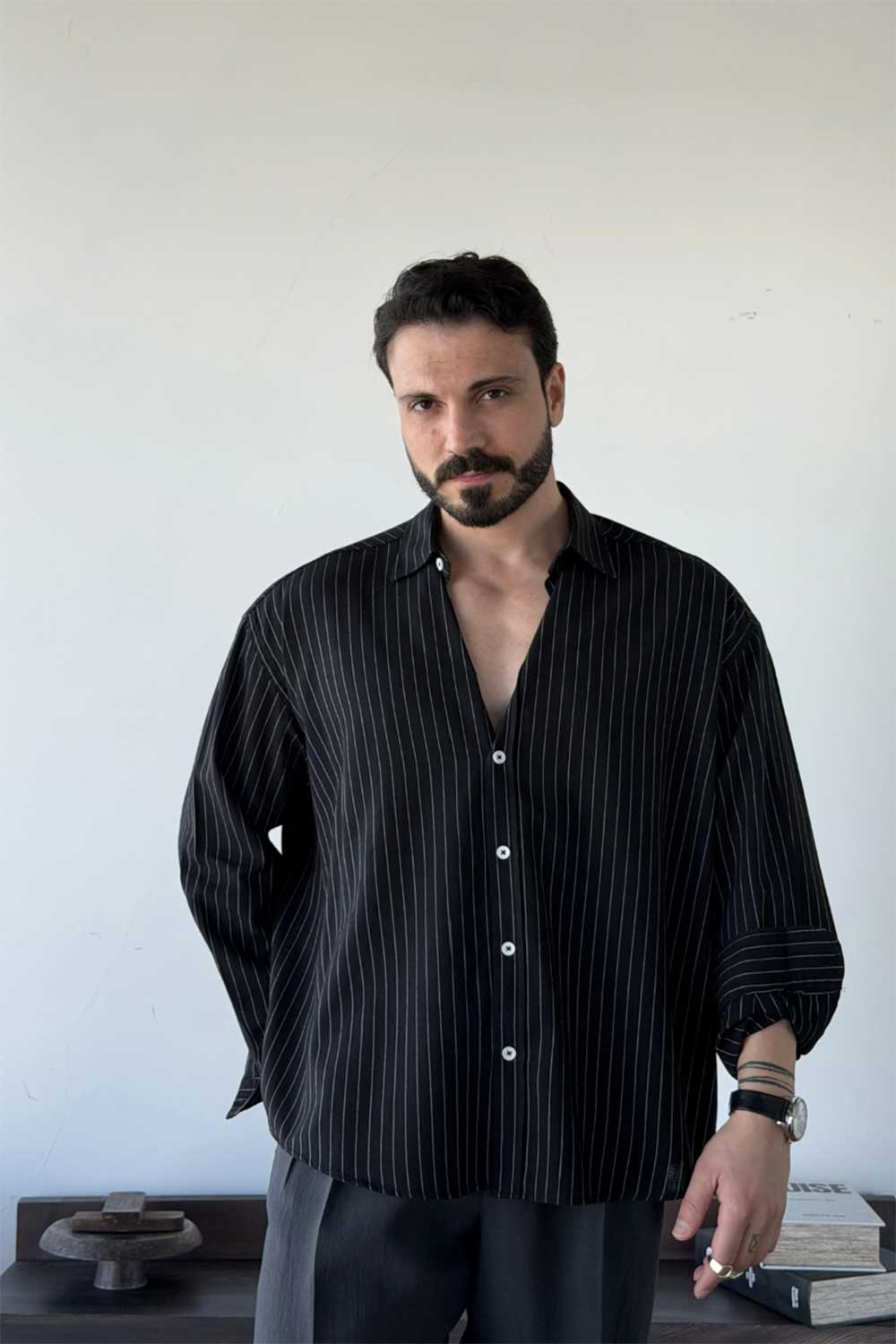 Πουκάμισο Lorien Viscose-Linen Oversize Stripe Studio – Μαύρο