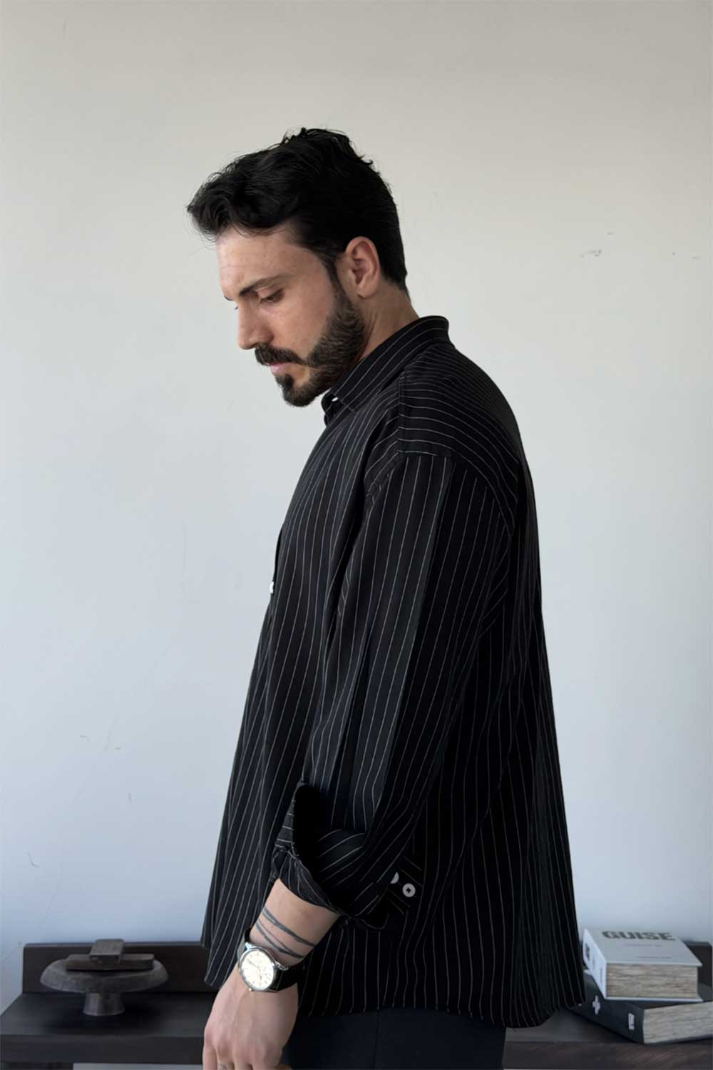 Πουκάμισο Lorien Viscose-Linen Oversize Stripe Studio – Μαύρο