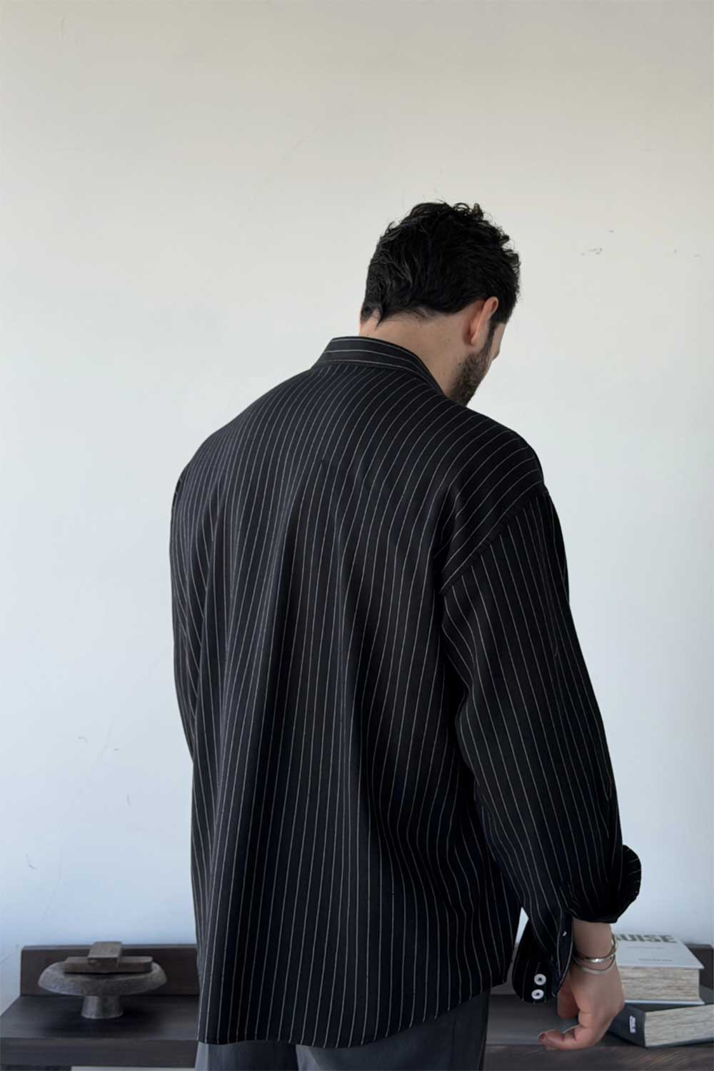 Πουκάμισο Lorien Viscose-Linen Oversize Stripe Studio – Μαύρο