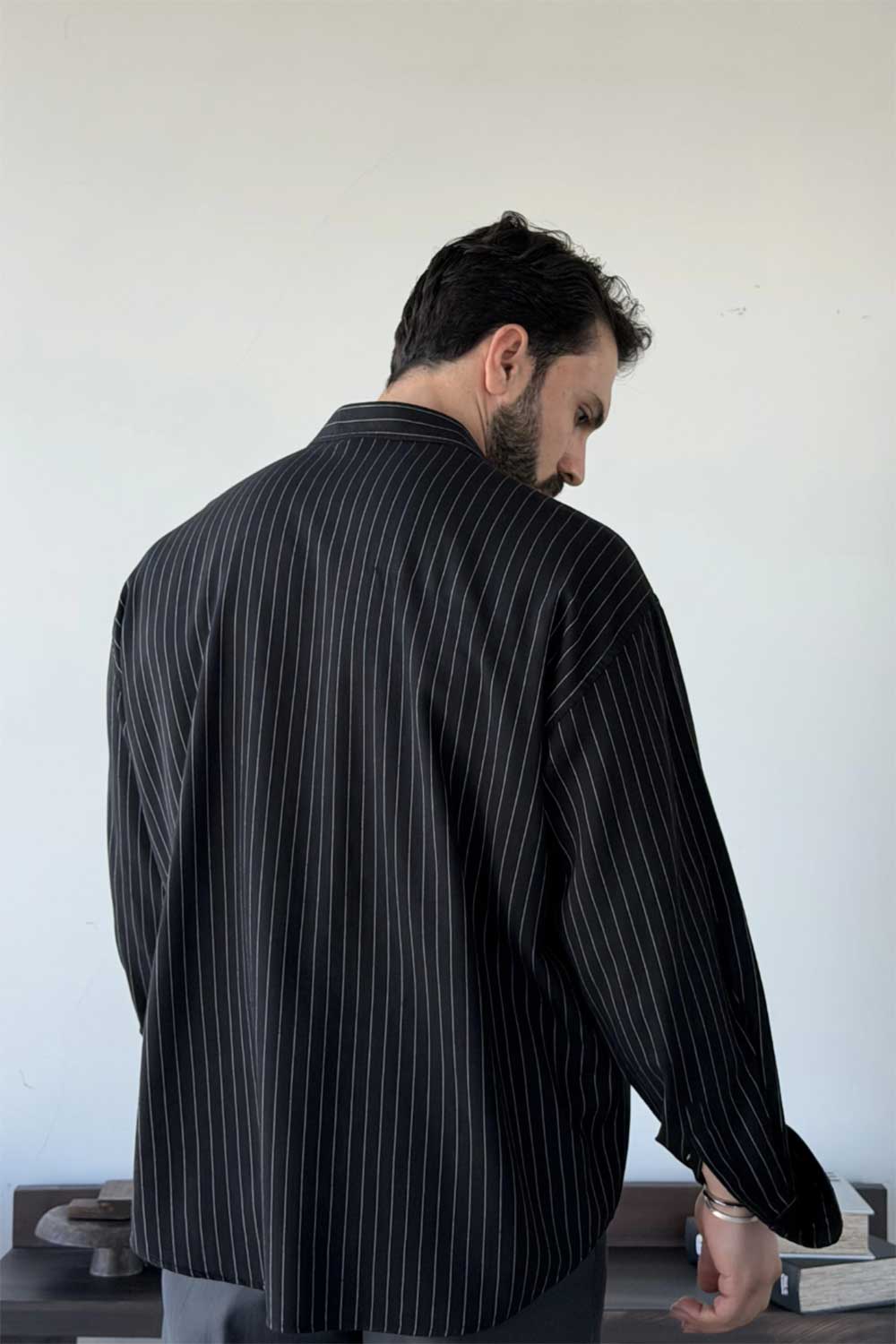 Πουκάμισο Lorien Viscose-Linen Oversize Stripe Studio – Μαύρο